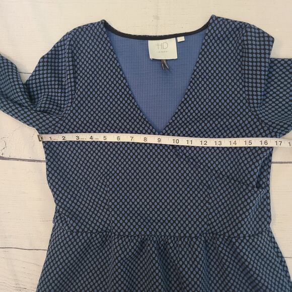 HD in Paris Size L Anthropologie Navy Blue Geometric Dot Wrap Dress 3/4 Sleeve - Picture 5 of 9